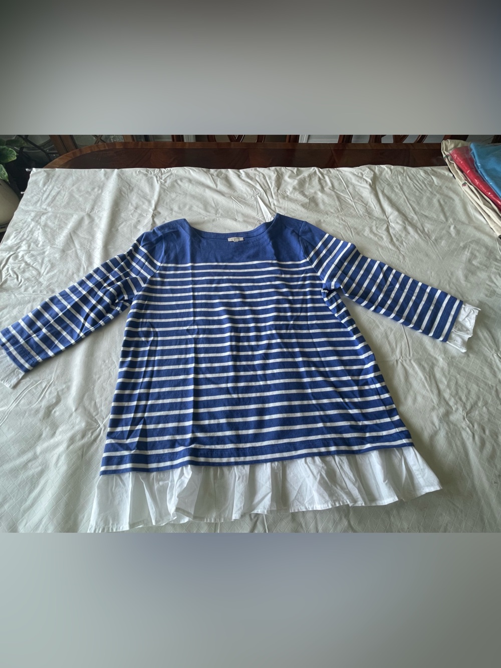 TALBOTS cotton knit Blue & White Striped Long-Sleeve Top with Ruffle Hem